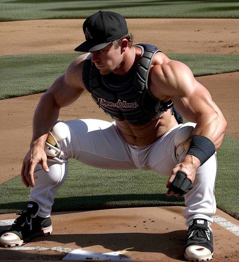 bsbsqt abs, shirtless, a american baseball player bsbsqt kneeling down on a base with a catchers mitt, handsome JIOM.jpg